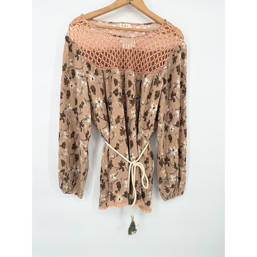 POL Floral Tunic Flowy Top Balloon Sleeves Rope Belt Large Crochet‎ Lace Boho